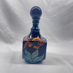 Mora Pottery Decanter Unisex OS Blue Hand Painted Fish Mexican Folk Art Coastal